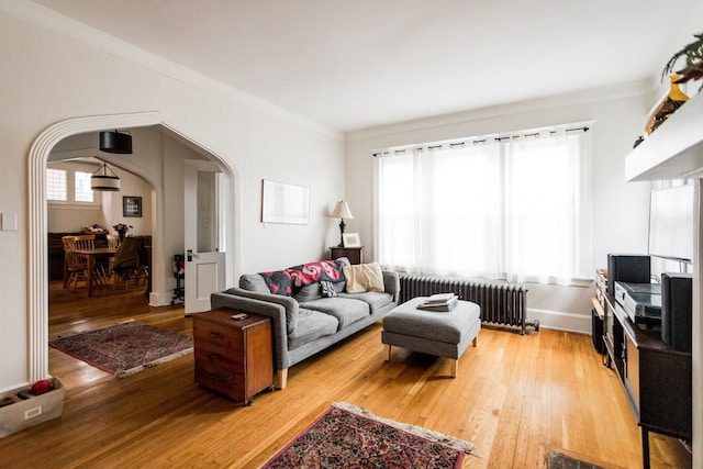 living room featuring baseboards, light wood-style flooring, radiator heating unit, arched walkways, and ornamental molding