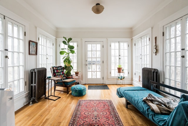 sitting room with a wealth of natural light, radiator, and hardwood / wood-style floors