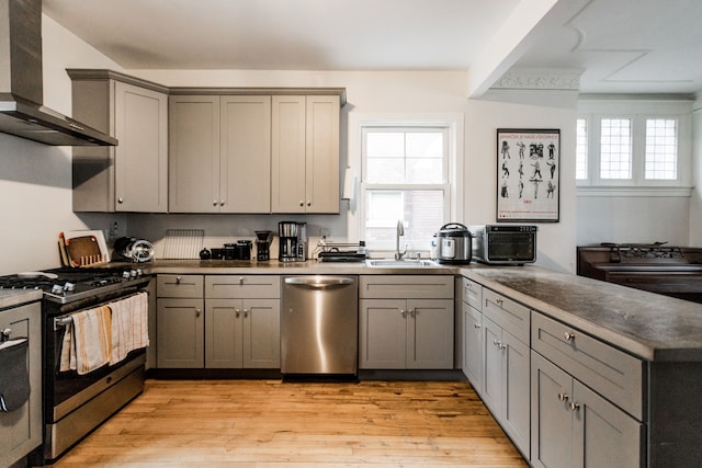 kitchen with gray cabinets, a sink, light wood-style floors, appliances with stainless steel finishes, and wall chimney exhaust hood