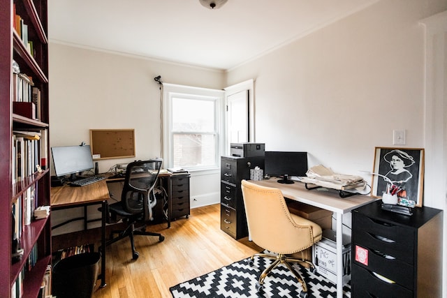 office featuring light wood-type flooring and crown molding