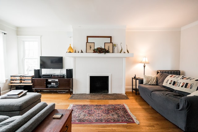 living room with a fireplace with flush hearth, crown molding, light wood-type flooring, and baseboards