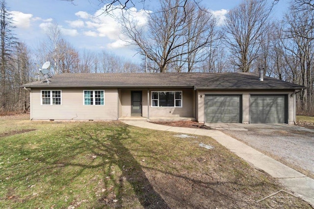 ranch-style house with a front lawn, a garage, driveway, and crawl space