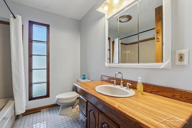 bathroom featuring vanity, visible vents, tile patterned flooring, shower / bath combo with shower curtain, and toilet