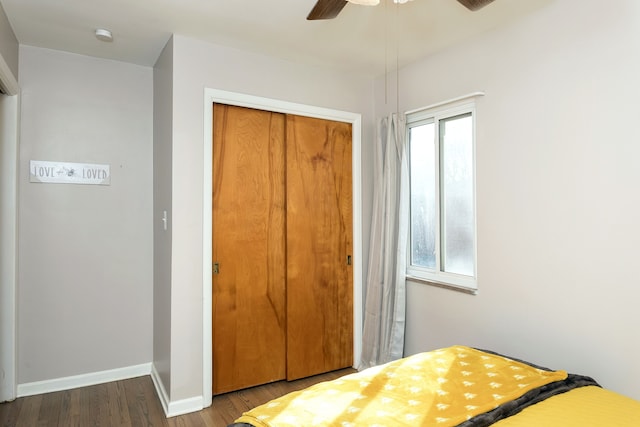 unfurnished bedroom featuring a closet, baseboards, multiple windows, and wood finished floors