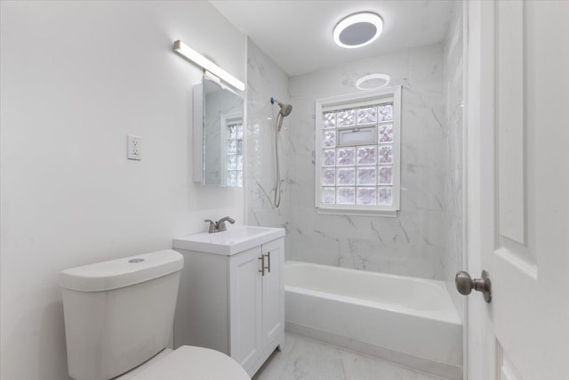 full bathroom with toilet, marble finish floor, vanity, and shower / tub combination