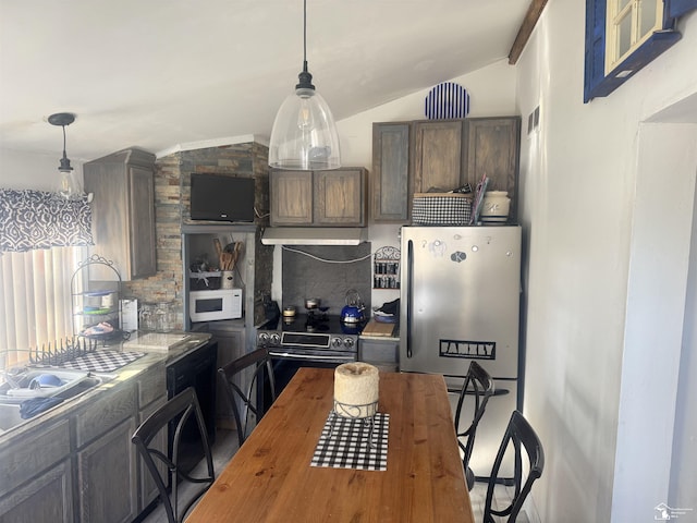 kitchen with hanging light fixtures, vaulted ceiling, under cabinet range hood, and stainless steel appliances