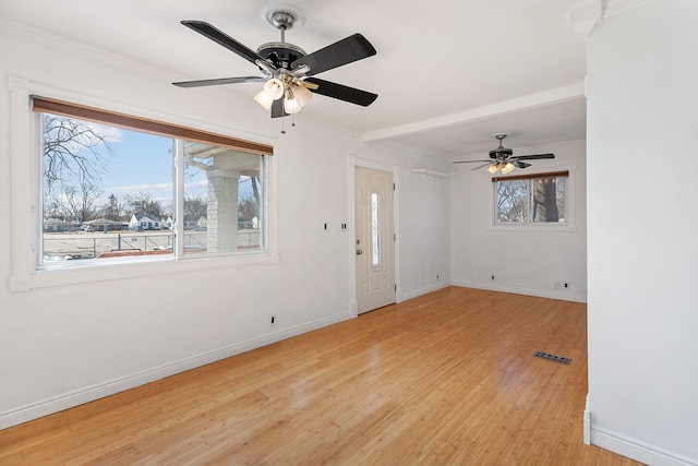 foyer with baseboards, plenty of natural light, and light wood-style floors