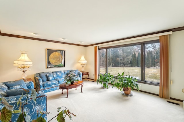 living room with crown molding, a wealth of natural light, and light carpet