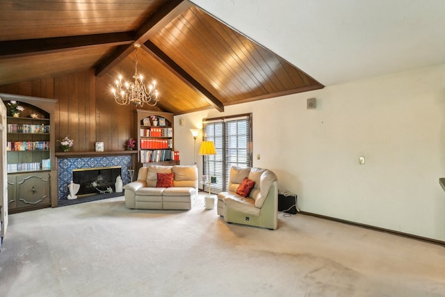 carpeted living area featuring lofted ceiling with beams, an inviting chandelier, a premium fireplace, baseboards, and wood ceiling