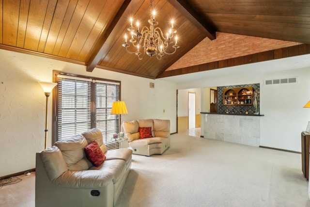 carpeted living room featuring visible vents, lofted ceiling with beams, wooden ceiling, a textured wall, and a chandelier