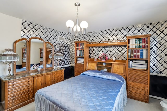 bedroom with a chandelier and wallpapered walls