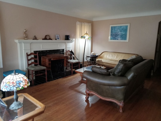 living room with a fireplace with flush hearth and wood finished floors