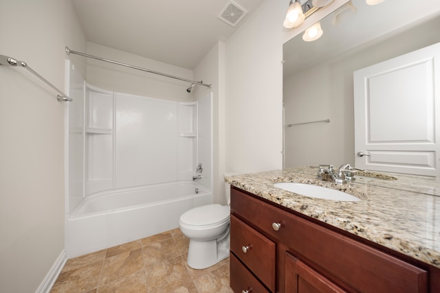 bathroom featuring vanity, toilet, bathtub / shower combination, and visible vents