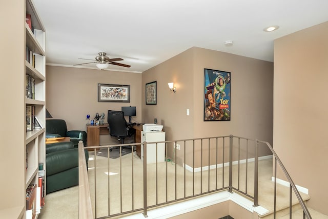office with recessed lighting, a ceiling fan, and carpet