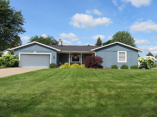 ranch-style house featuring a garage, driveway, a chimney, and a front yard