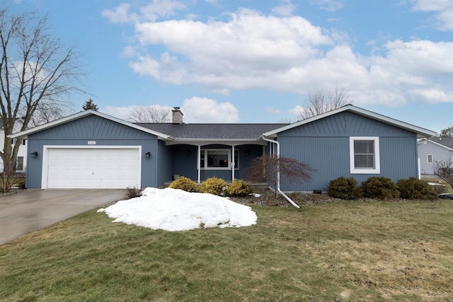 single story home with driveway, a shingled roof, a chimney, a front lawn, and a garage