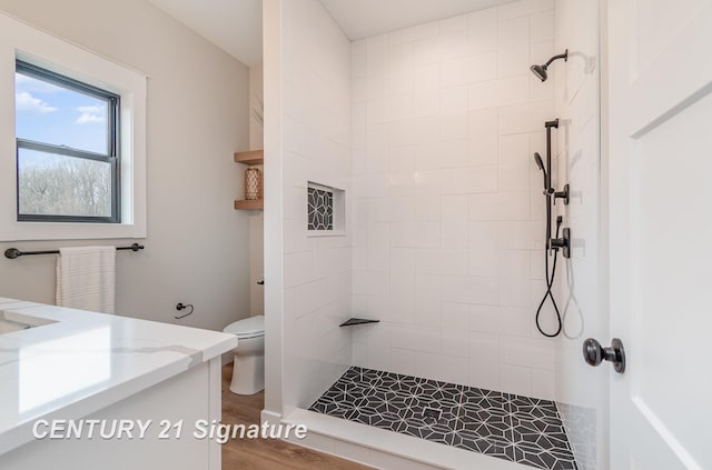 full bathroom featuring a tile shower, toilet, and vanity