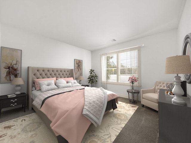 bedroom with visible vents, baseboards, and light colored carpet