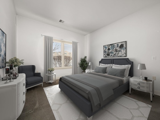 bedroom featuring baseboards, visible vents, and carpet floors