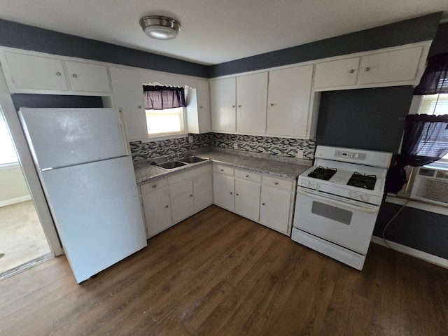 kitchen featuring decorative backsplash, dark wood-style flooring, white appliances, white cabinetry, and a sink