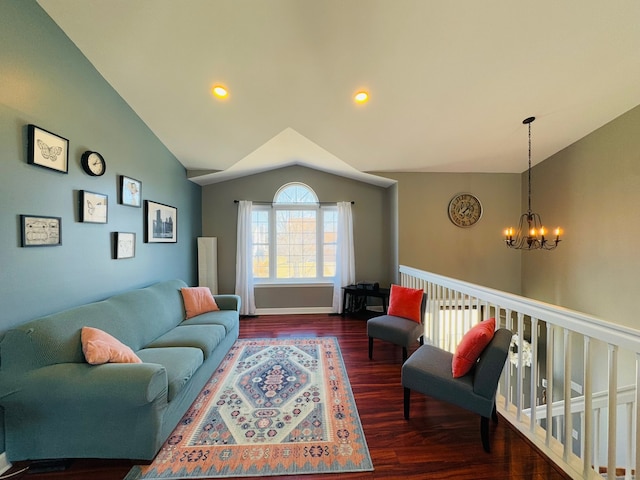 living room with recessed lighting, lofted ceiling, a notable chandelier, and wood finished floors