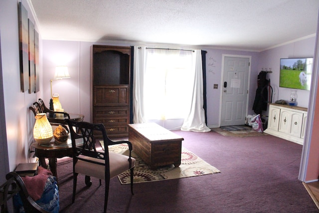 living area featuring crown molding, carpet floors, and a textured ceiling