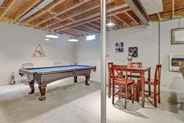 recreation room with heating unit and billiards