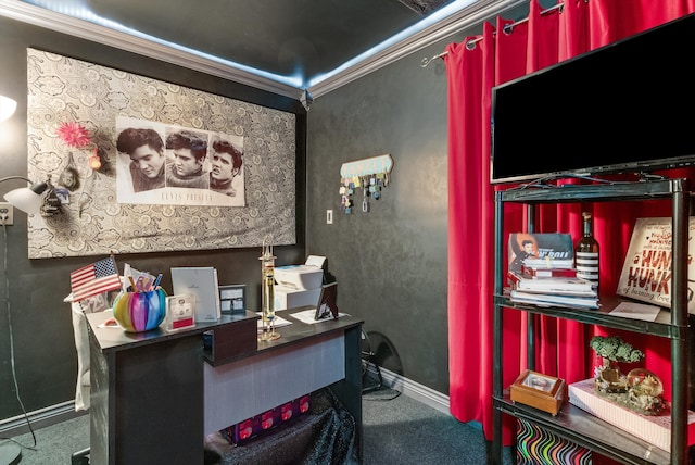 carpeted office space with crown molding and baseboards