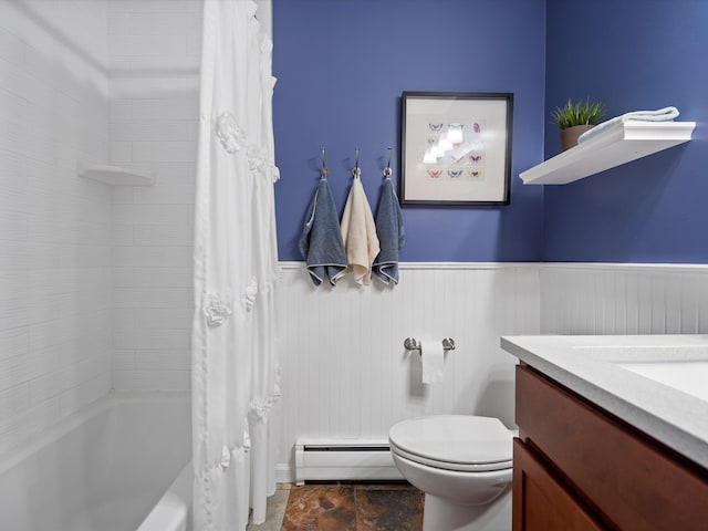 bathroom featuring vanity, a wainscoted wall, a baseboard radiator, shower / bath combo with shower curtain, and toilet