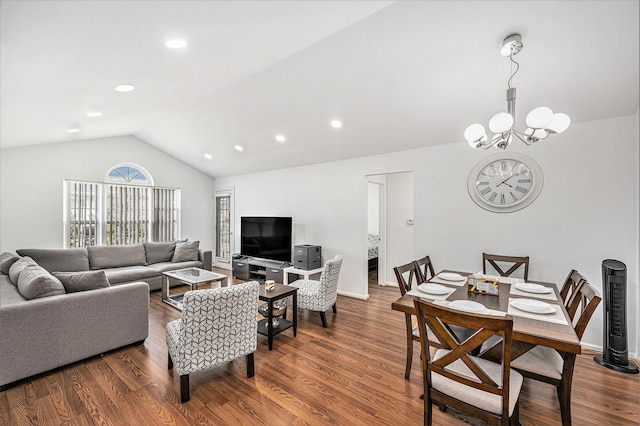 living room with lofted ceiling, recessed lighting, dark wood-style floors, and a chandelier