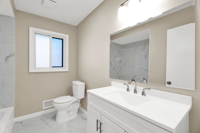 bathroom with vanity, visible vents, baseboards, toilet, and marble finish floor