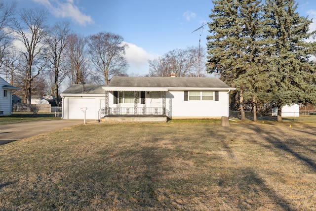 single story home with a front yard, a chimney, driveway, and fence