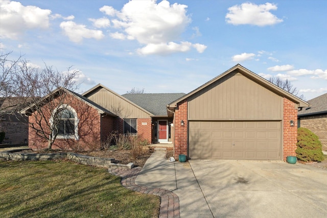 single story home featuring brick siding, a front lawn, concrete driveway, and a garage