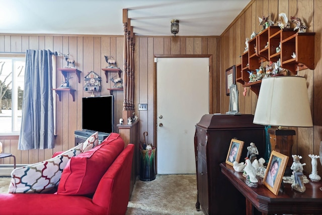 living room featuring carpet floors and wooden walls