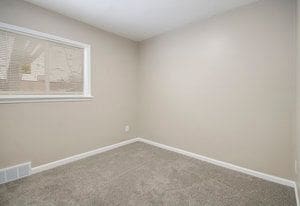 unfurnished room featuring visible vents, carpet, and baseboards