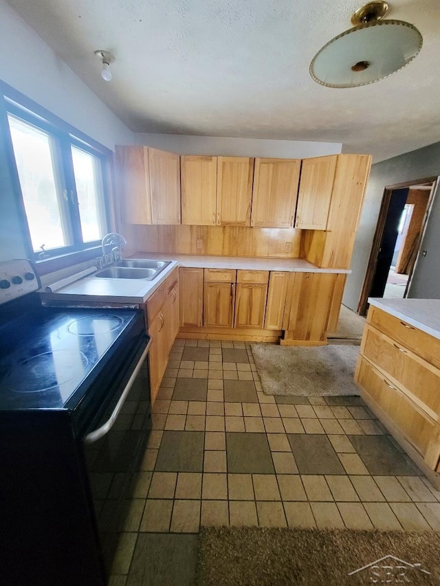 kitchen with a sink, electric range, light brown cabinetry, and light countertops