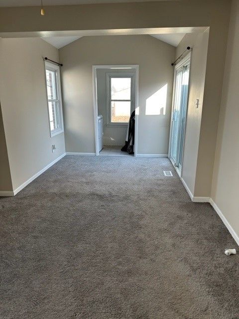 spare room featuring a wealth of natural light, baseboards, carpet flooring, and vaulted ceiling