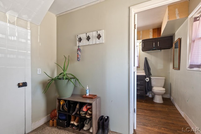 bathroom with baseboards, toilet, and wood finished floors