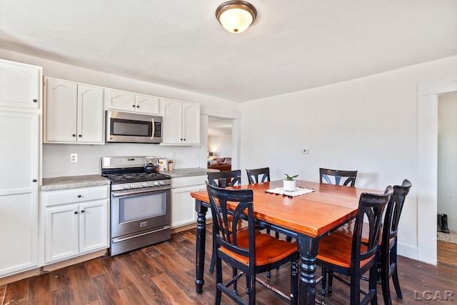 interior space featuring white cabinetry, stainless steel appliances, dark wood-type flooring, and light countertops