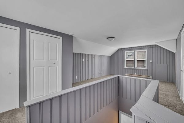 additional living space featuring vaulted ceiling and light colored carpet