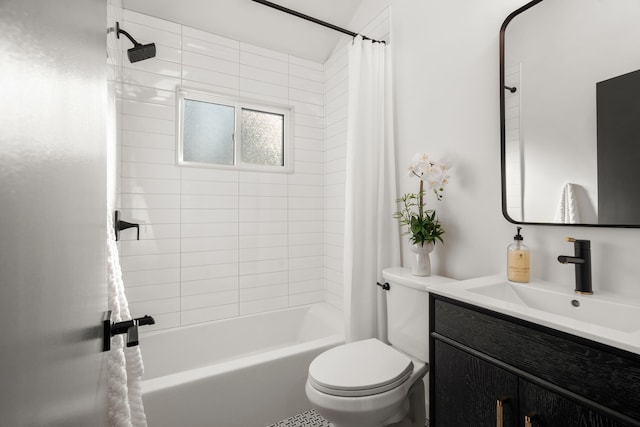 bathroom with shower / bathtub combination with curtain, toilet, and vanity