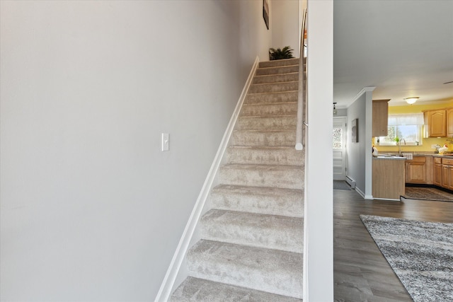 stairway featuring crown molding, baseboards, and wood finished floors