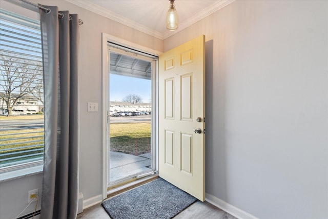 entryway featuring baseboards, a wealth of natural light, and ornamental molding