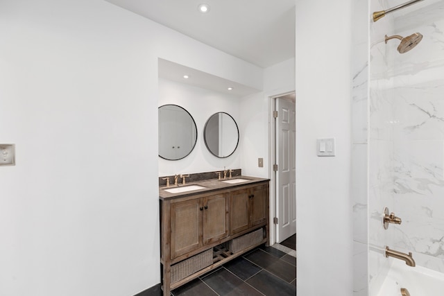 full bath with double vanity, recessed lighting, bathing tub / shower combination, and a sink