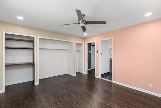 unfurnished bedroom with recessed lighting, baseboards, dark wood finished floors, and ceiling fan