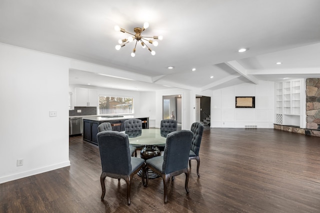 dining area featuring visible vents, vaulted ceiling with beams, baseboards, a notable chandelier, and dark wood-style flooring