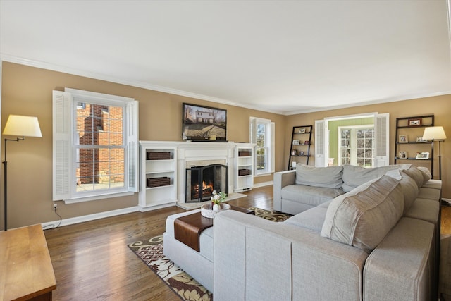 living area featuring a lit fireplace, dark wood finished floors, and crown molding