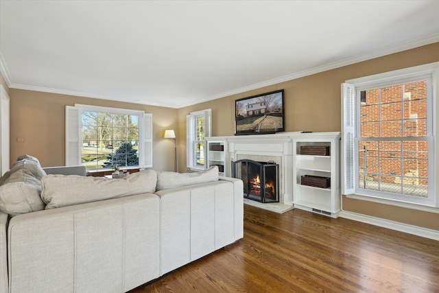 living room with a warm lit fireplace, dark wood-type flooring, baseboards, and crown molding