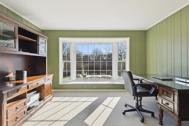 home office featuring carpet floors and crown molding