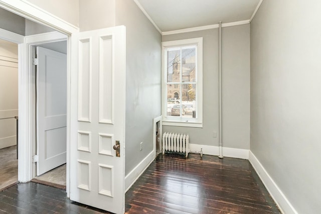 interior space featuring hardwood / wood-style flooring, radiator, crown molding, and baseboards